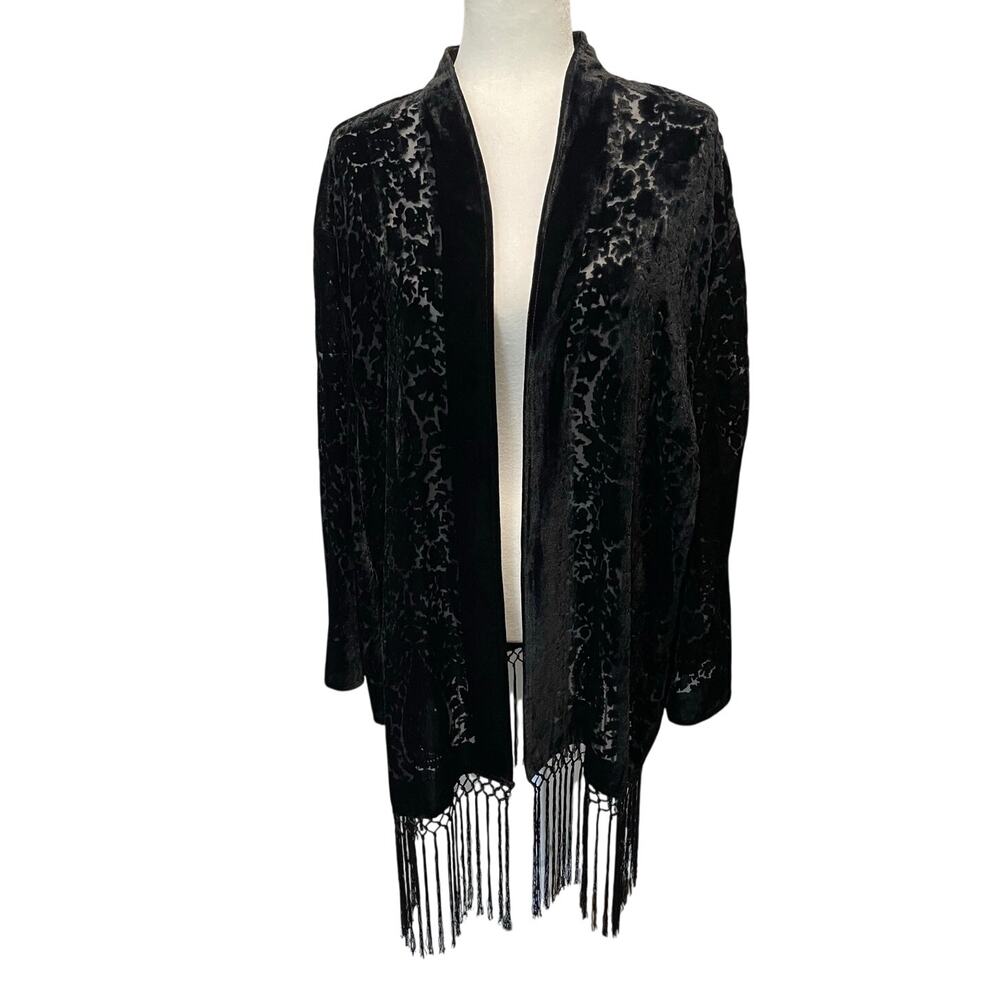 Chico’s Black Velvet Burnout Fringed Duster Kimono Cardigan Layering Piece L/XL